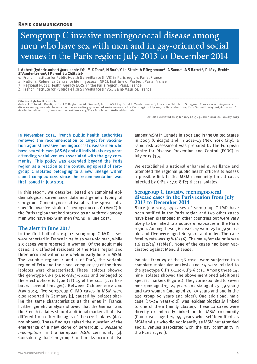 Pdf Serogroup C Invasive Meningococcal Disease Among Men Who Have Sex With Men And In Gay Oriented Social Venues In The Paris Region July 13 To December 14