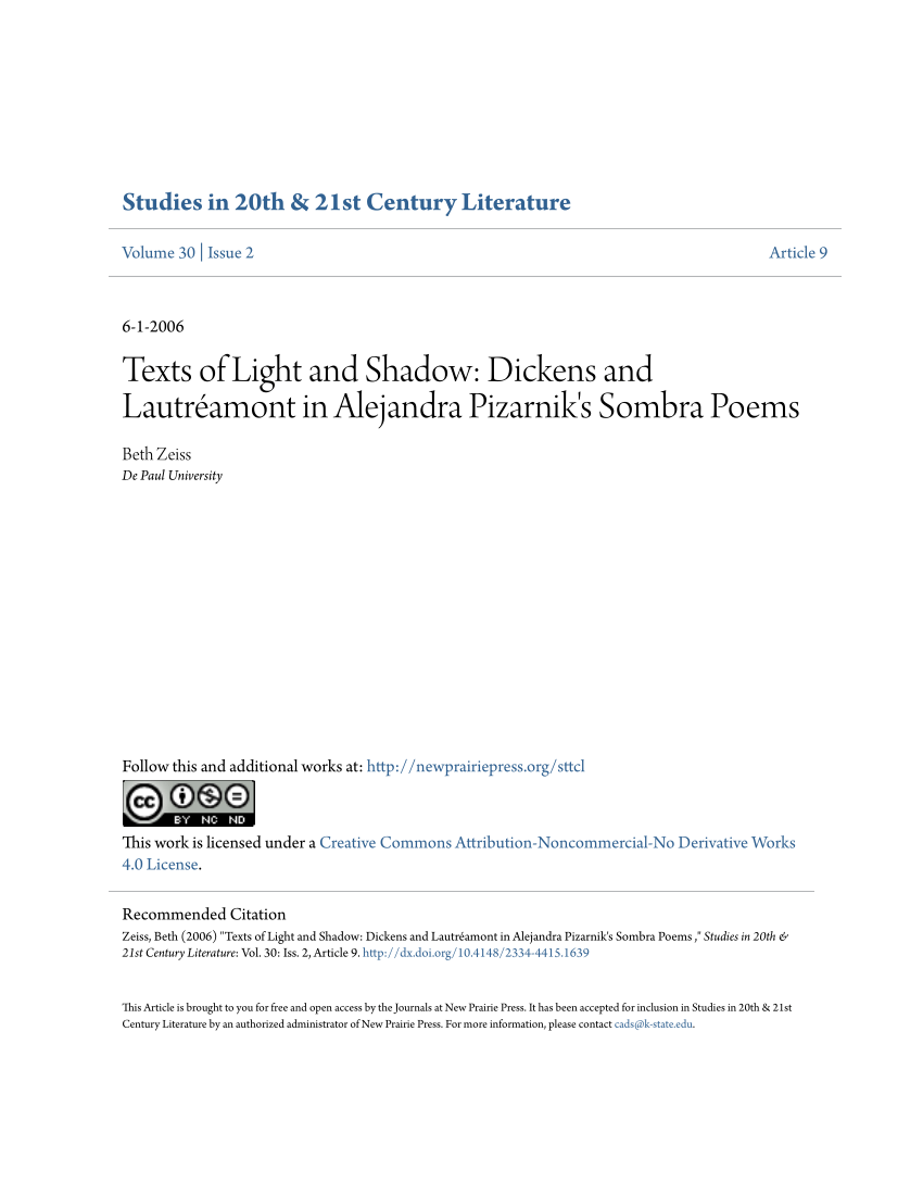 Pdf Texts Of Light And Shadow Dickens And Lautreamont In Alejandra Pizarnik S Sombra Poems