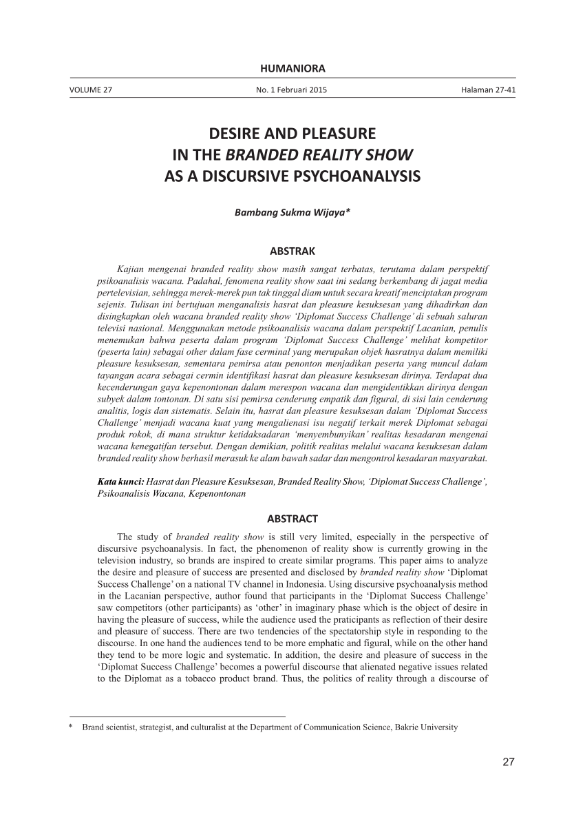 Pdf Desire And Pleasure In The Branded Reality Show As A Discursive Psychoanalysis