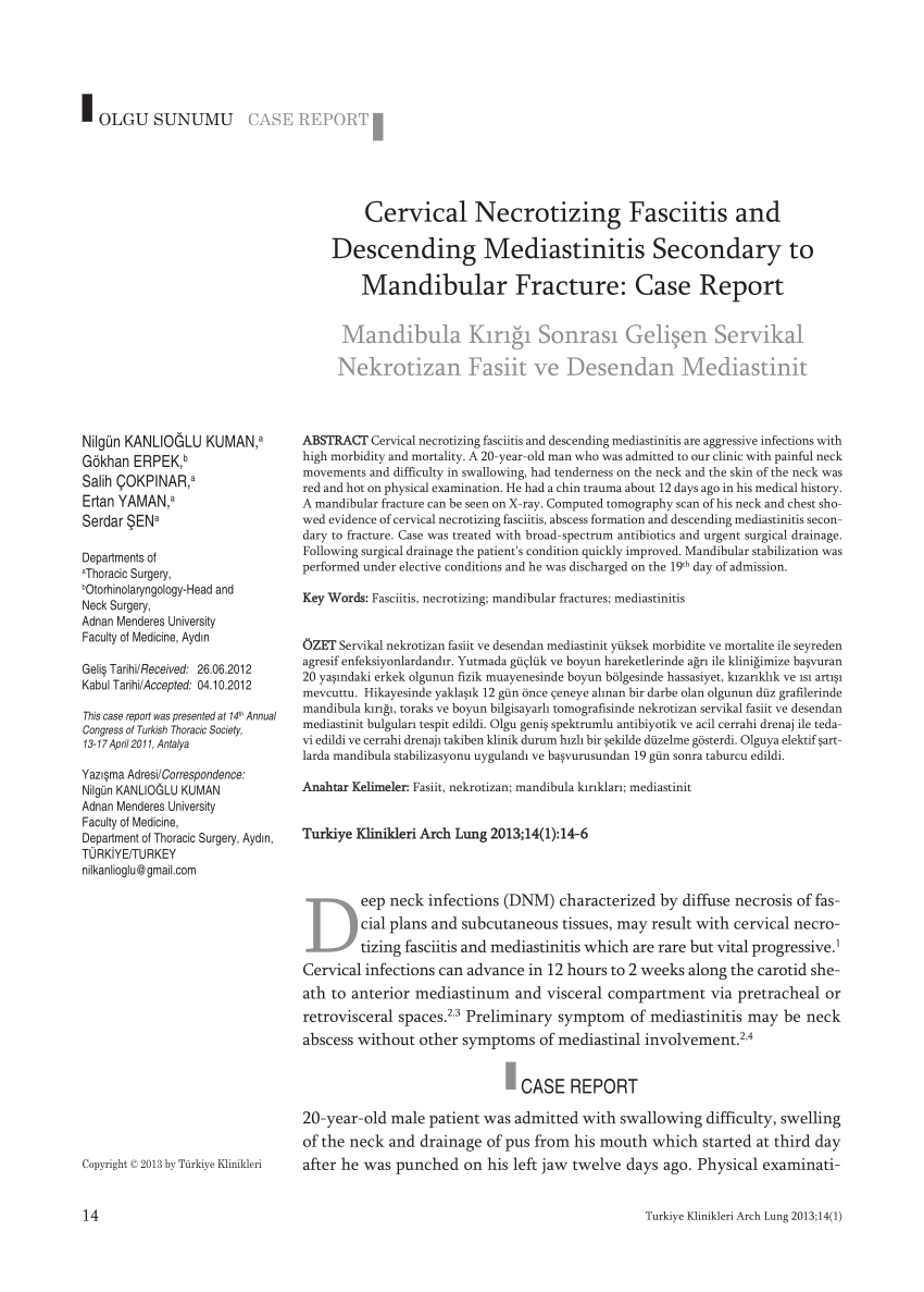 Pdf Cervical Necrotizing Fasciitis And Descending Mediastinitis Secondary To Mandibular