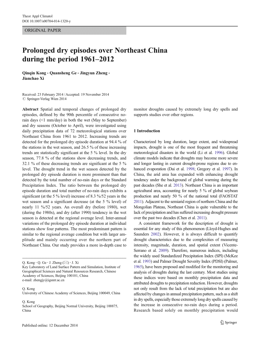 Pdf Prolonged Dry Episodes Over Northeast China During The - 