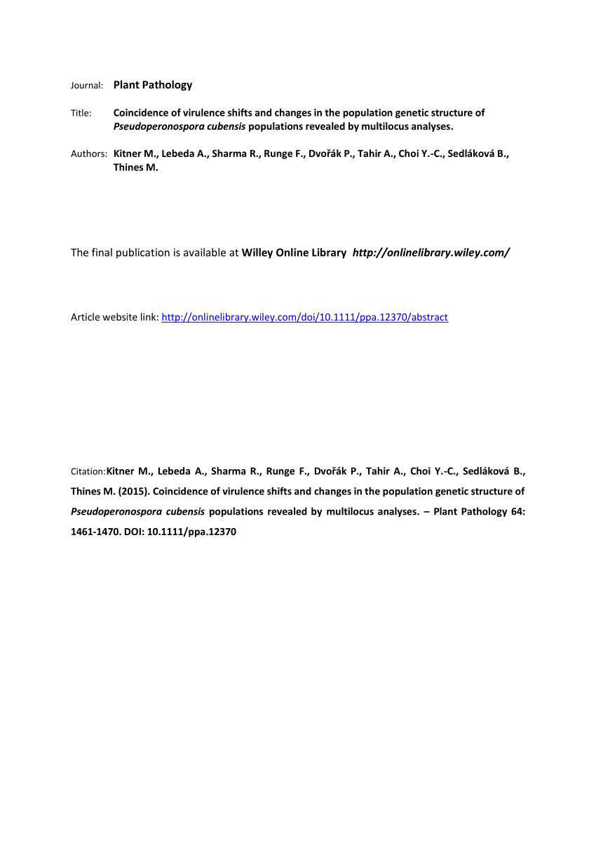 Pdf Coincidence Of Virulence Shifts And Population Genetic Changes Of Pseudoperonospora Cubensis In The Czech Republic