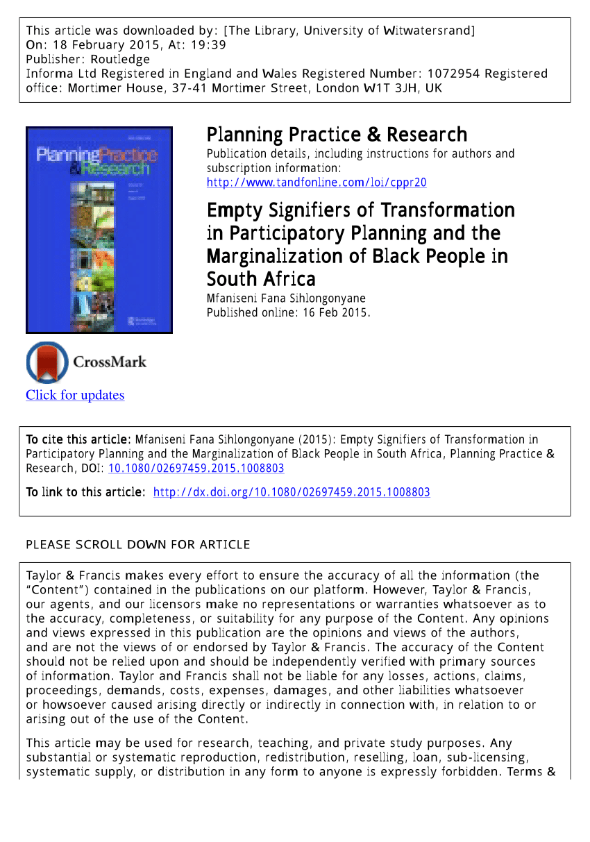 PDF) Empty Signifiers of Transformation in Participatory Planning and the  Marginalization of Black People in South Africa