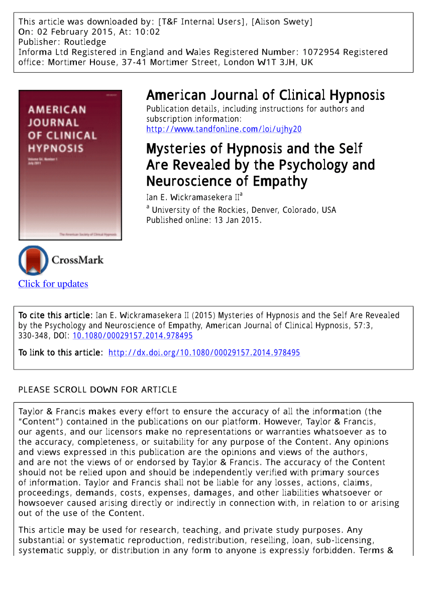 Pdf Mysteries Of Hypnosis And The Self Are Revealed By The Psychology And Neuroscience Of Empathy