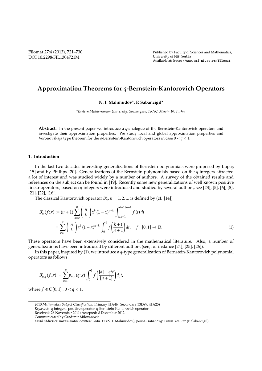 Pdf Approximation Theorems For Q Bernstein Kantorovich Operators