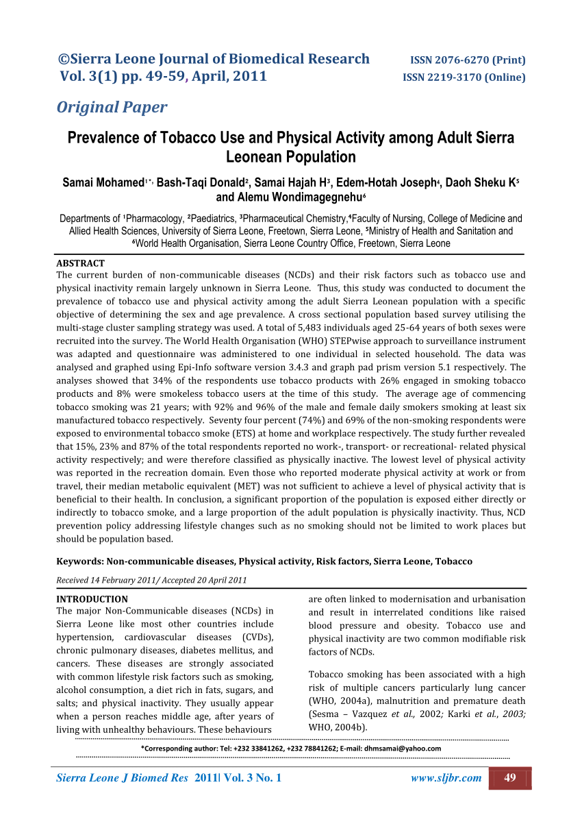 Pdf Prevalence Of Tobacco Use And Physical Activity Among Adult Sierra Leonean Population