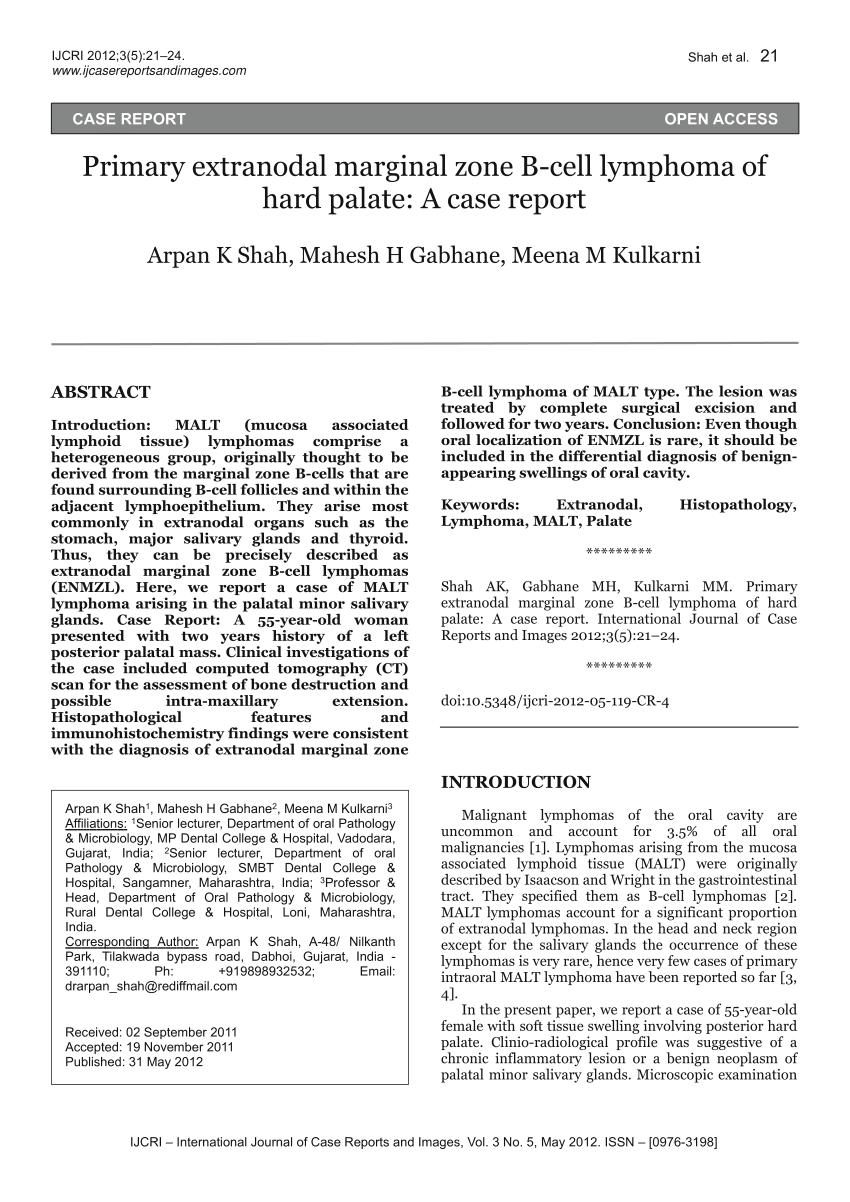 Pdf Primary Extranodal Marginal Zone B Cell Lymphoma Of Hard Palate A Case Report 