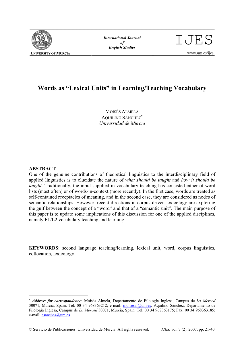 Pdf Words As Lexical Units In Learning Teaching Vocabulary