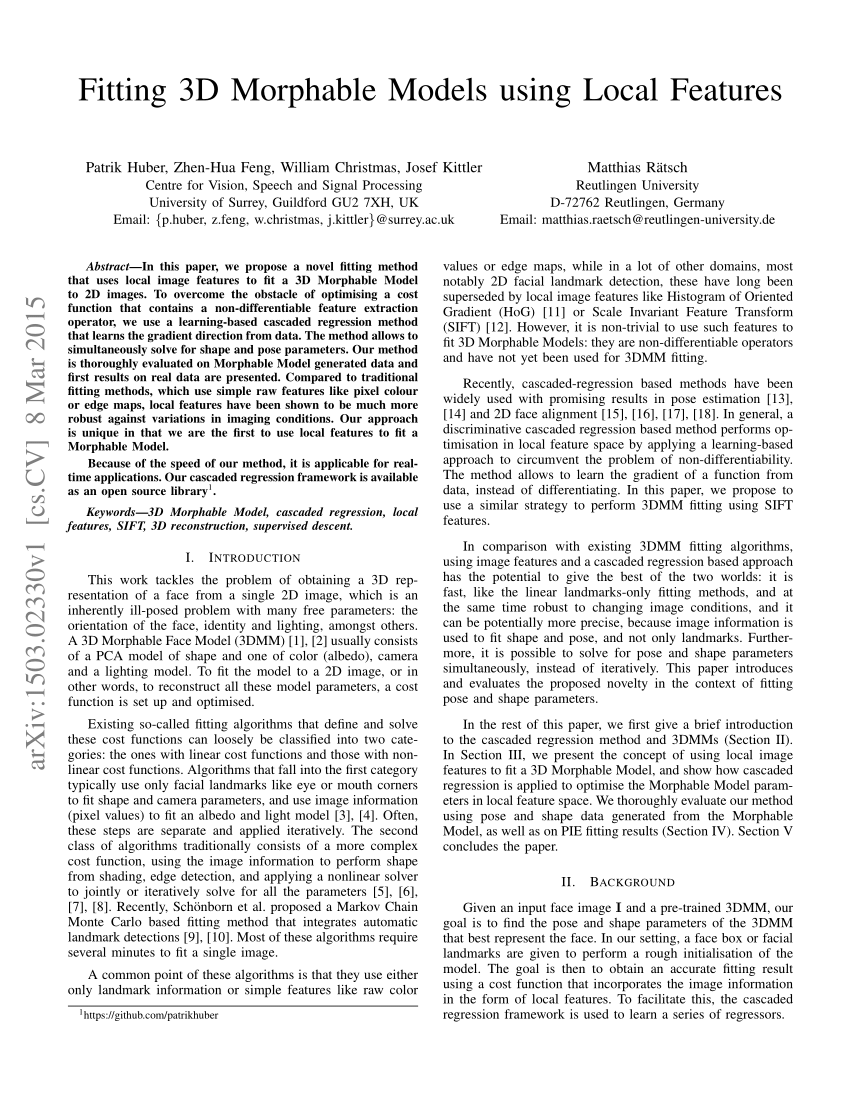 (PDF) Fitting 3D Morphable Models using Local Features