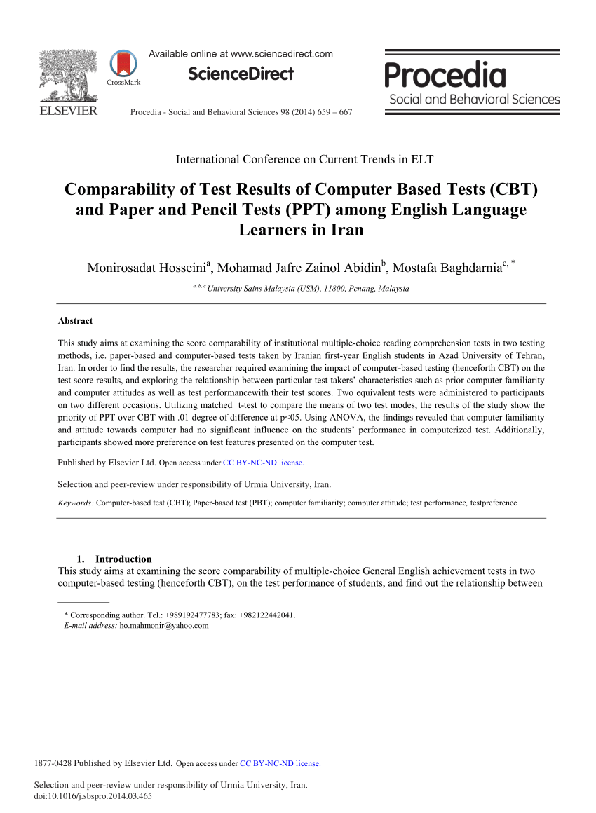 Pdf Comparability Of Test Results Of Computer Based Tests Cbt And Paper And Pencil Tests Ppt Among English Language Learners In Iran
