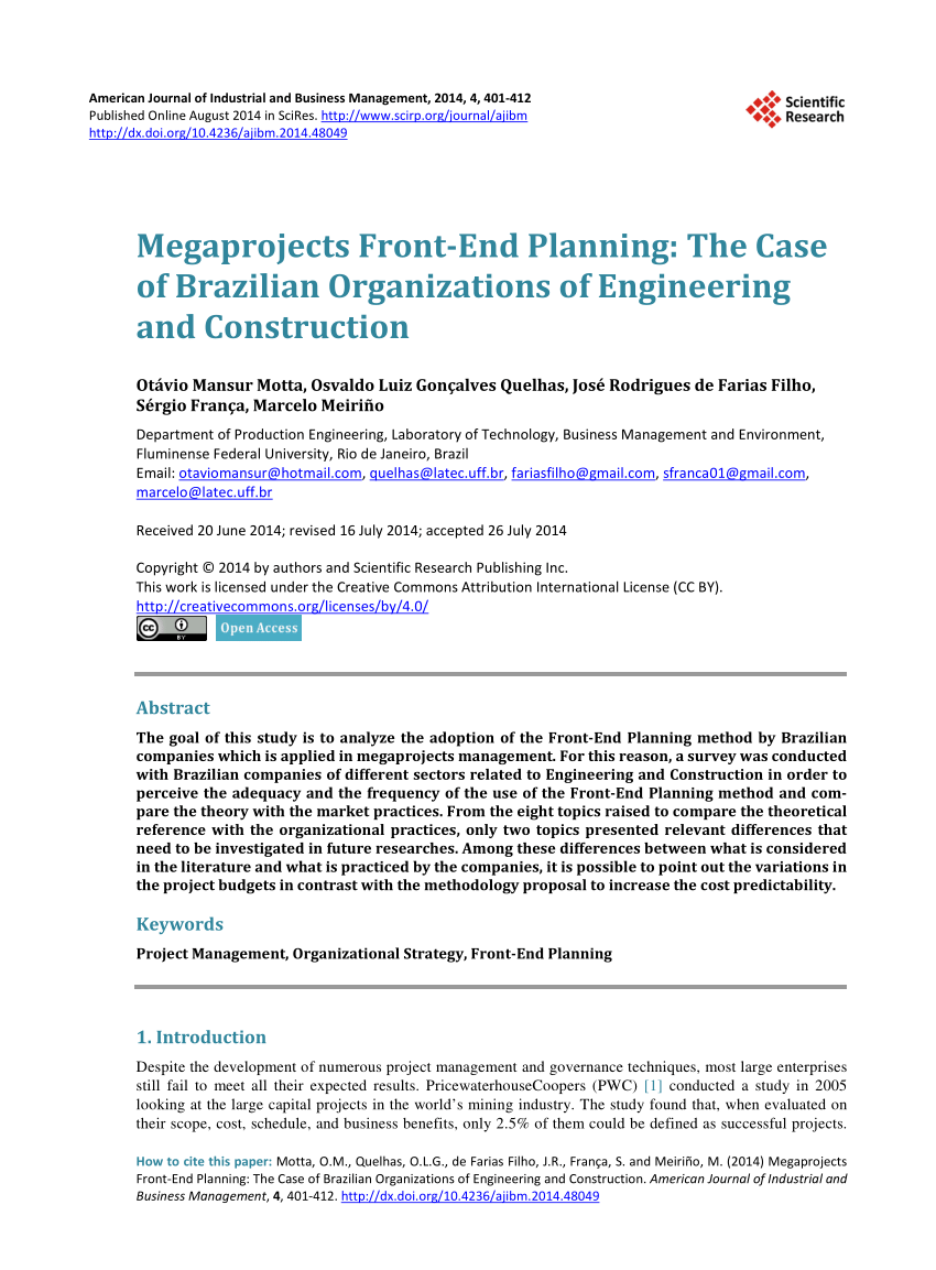 Pdf Megaprojects Front End Planning The Case Of Brazilian Organizations Of Engineering And Construction