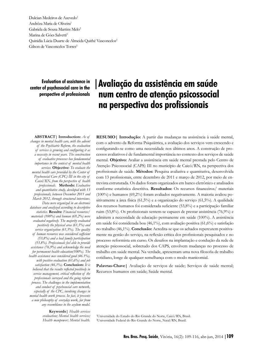PDF) Avaliação da assistência em saúde num centro de atenção psicossocial  na perspectiva de profissionais dos saúde