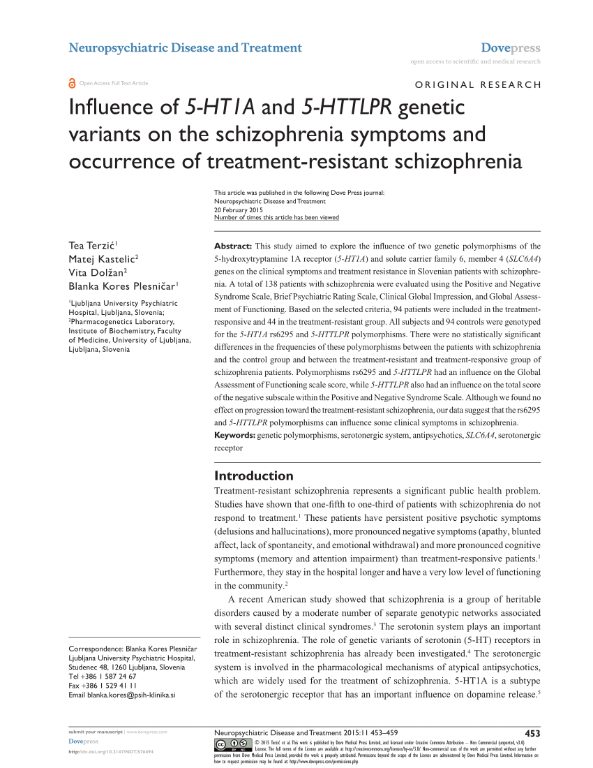 Pdf Influence Of 5 Htia And 5 Httlpr Genetic Variants On The Schizophrenia Symptoms And Occurrence Of Treatment Resistant Schizophrenia