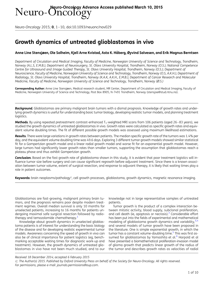 Pdf Growth Dynamics Of Untreated Glioblastomas In Vivo