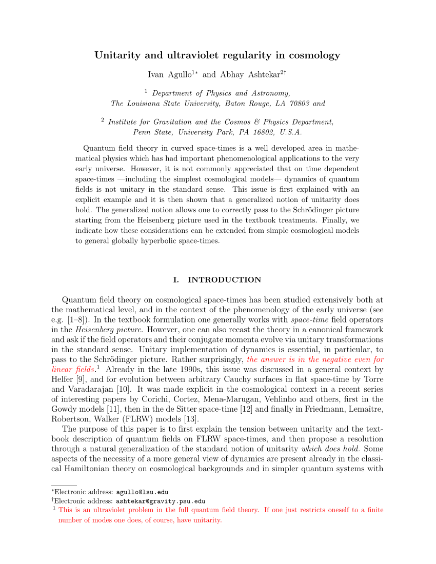 Pdf Unitarity And Ultraviolet Regularity In Cosmology