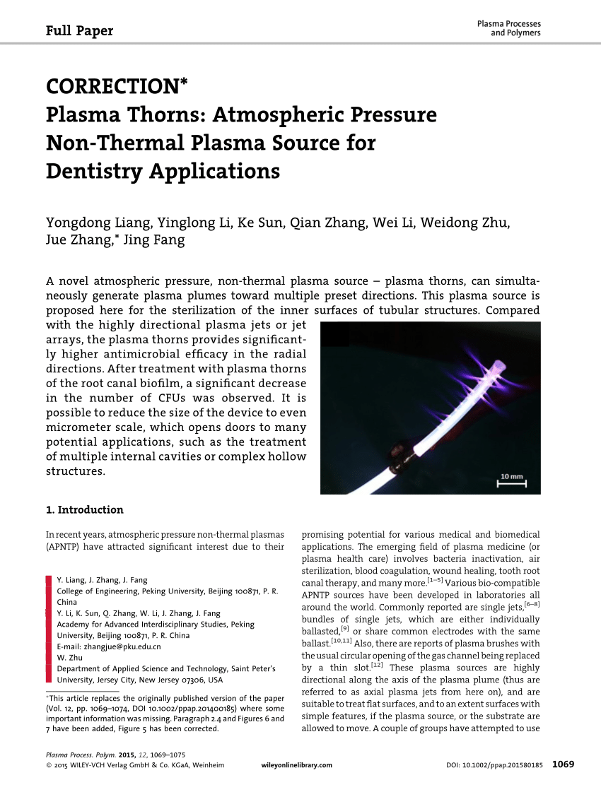 Pdf Plasma Thorns Atmospheric Pressure Non Thermal Plasma Source For Dentistry Applications
