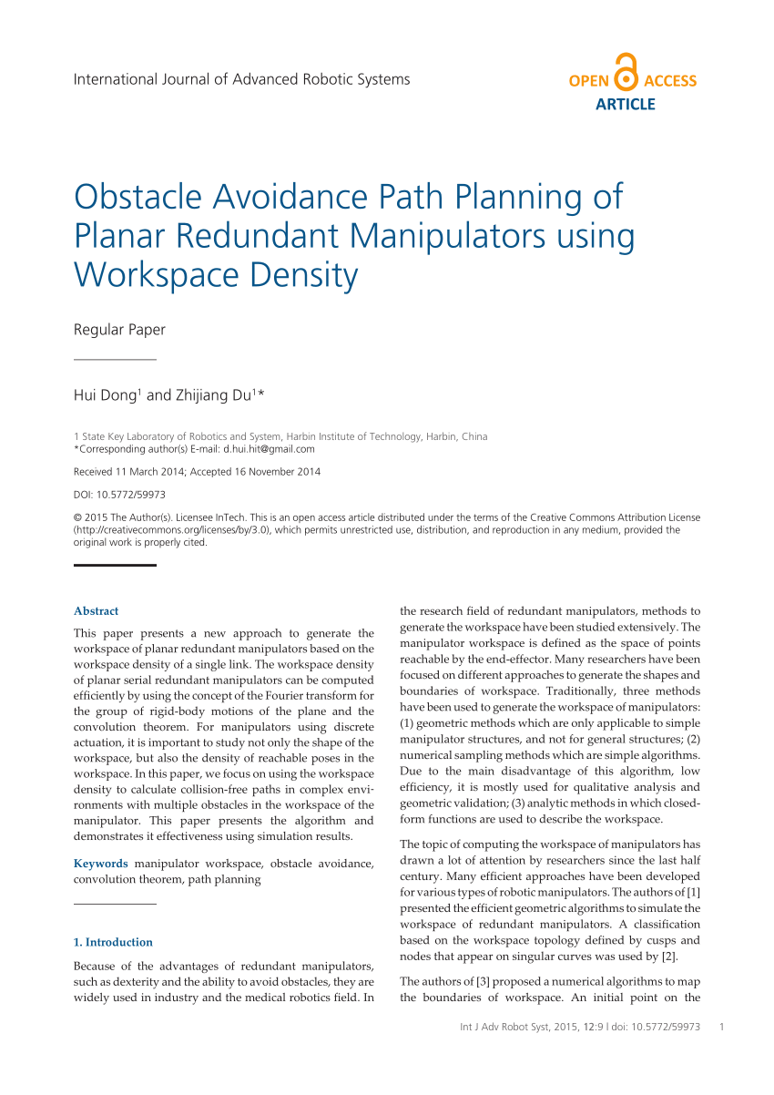 Pdf Obstacle Avoidance Path Planning Of Planar Redundant Manipulators Using Workspace Density