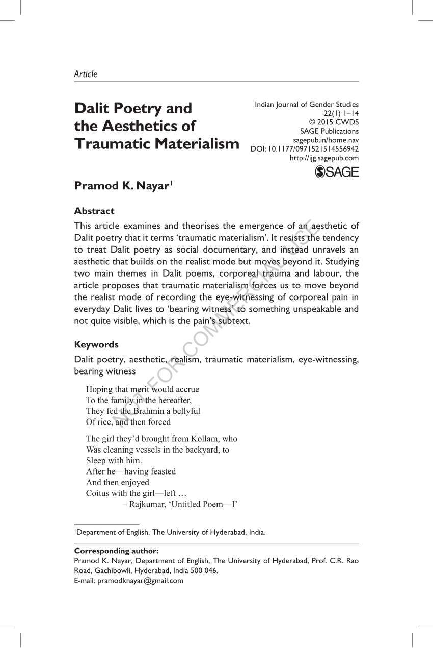 Pdf Dalit Poetry And The Aesthetics Of Traumatic Materialism