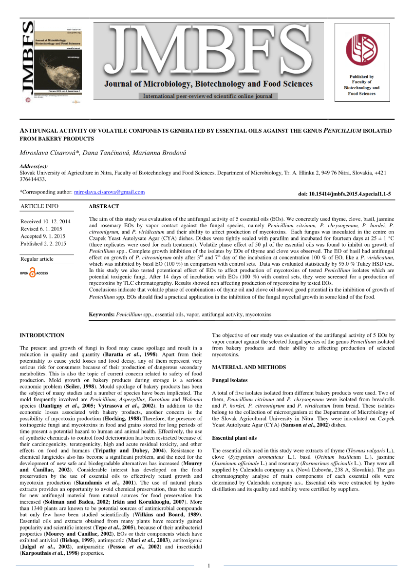 PDF) Antifungal activity of volatile compounds generated by essential oils  against fungi commonly causing deterioration of bakery products