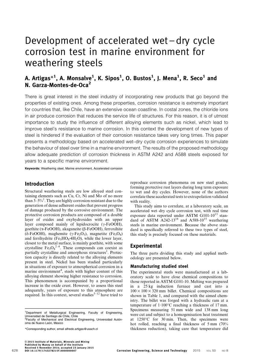Pdf Development Of Accelerated Wet Dry Cycle Corrosion Test In Marine Environment For Weathering Steels
