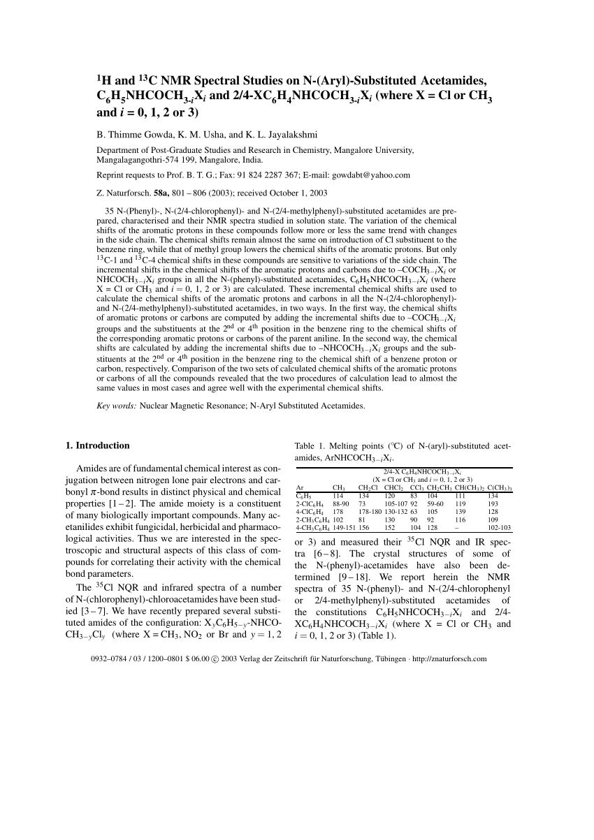 Pdf 1h And 13c Nmr Spectral Studies On N Aryl Substituted Acetamides C6h5nhcoch3 Ixi And 2 4 Xc6h4nhcoch3 Ixi Where X Cl Or Ch3 And I 0 1 2 Or 3
