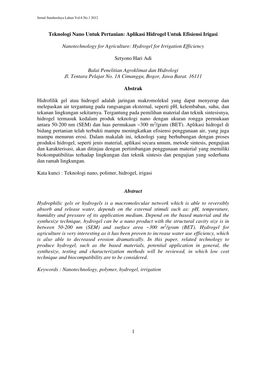 Pdf Teknologi Nano Untuk Pertanian Aplikasi Hidrogel Untuk Efisiensi Irigasi