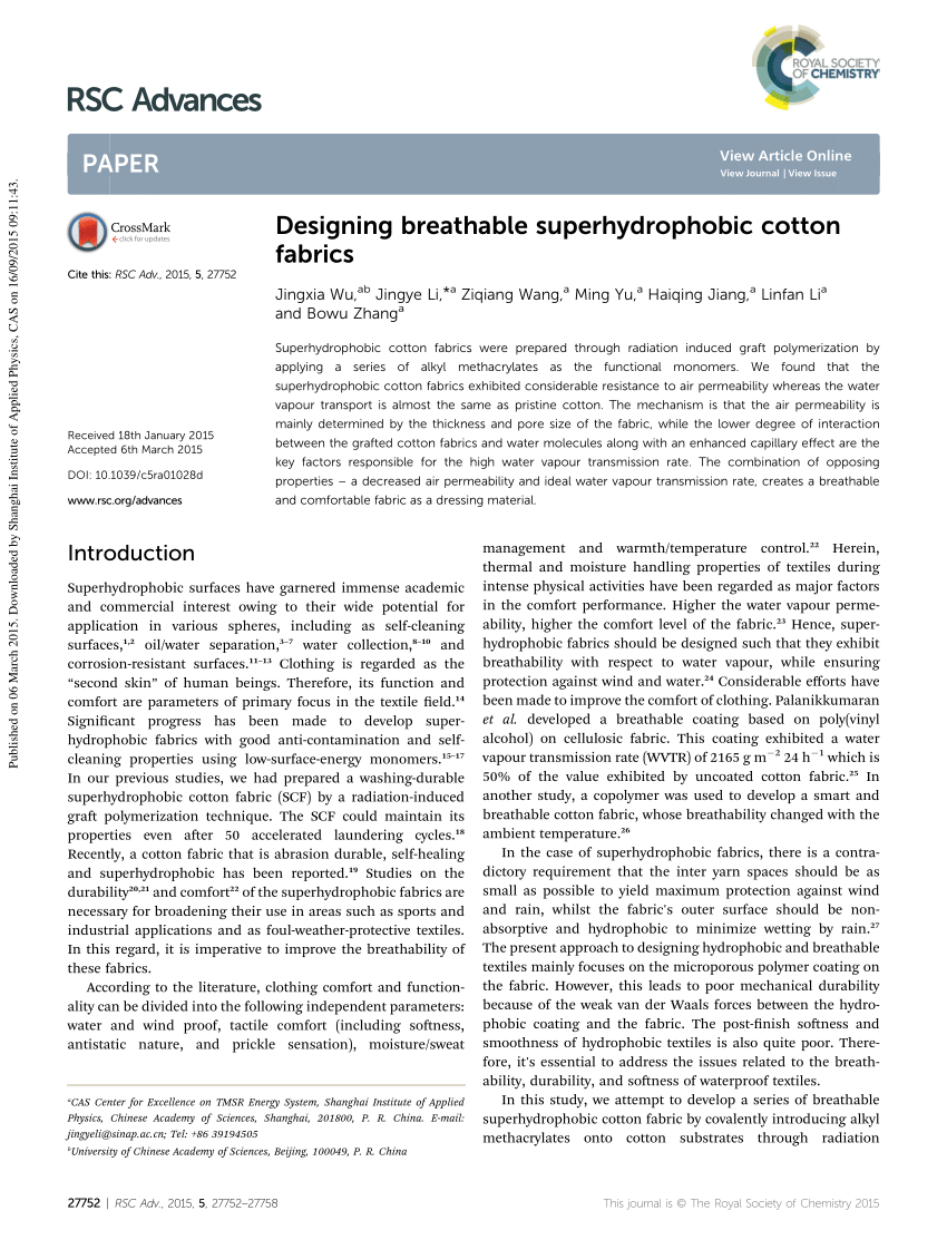 PDF) Designing breathable superhydrophobic cotton fabrics