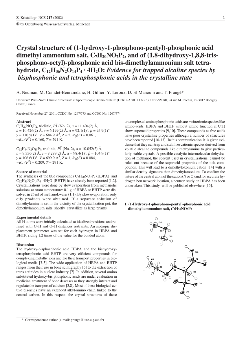 Pdf Crystal Structure Of 1 Hydroxy L Phosphono Pentyl Phosphonic Acid Dimethyl Ammonium Salt C7h21no7p2 And Of 1 8 Dihydroxy 1 8 8 Trisphosphono Octyl Phosphonic Acid Bis Dimethylammonium Salt Tetrahydrate C12h36n2o14p4 4h2o Evidence For