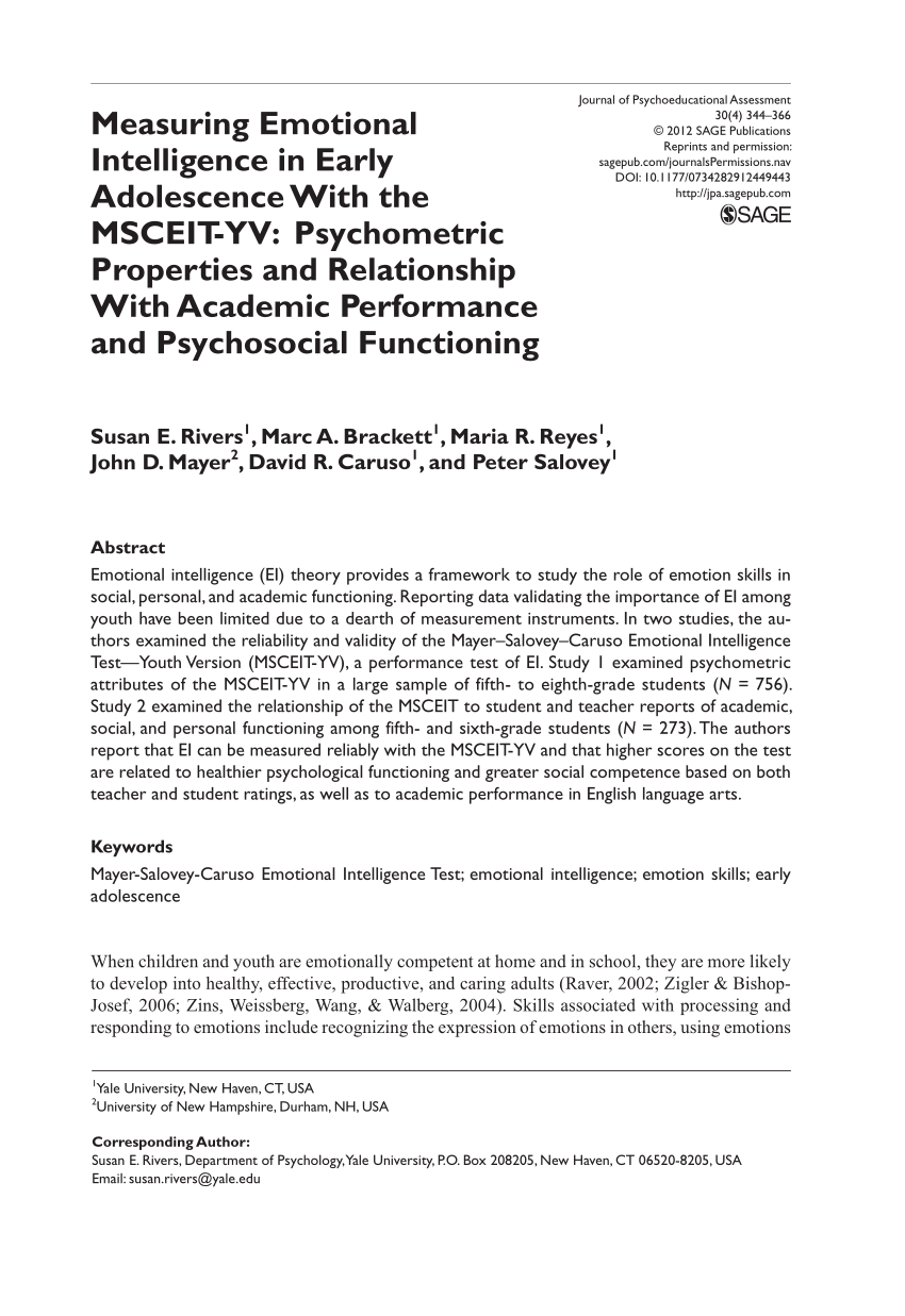 Pdf Measuring Emotional Intelligence In Early Adolescence With The Msceit-yv Psychometric Properties And Relationship With Academic Performance And Psychosocial Functioning