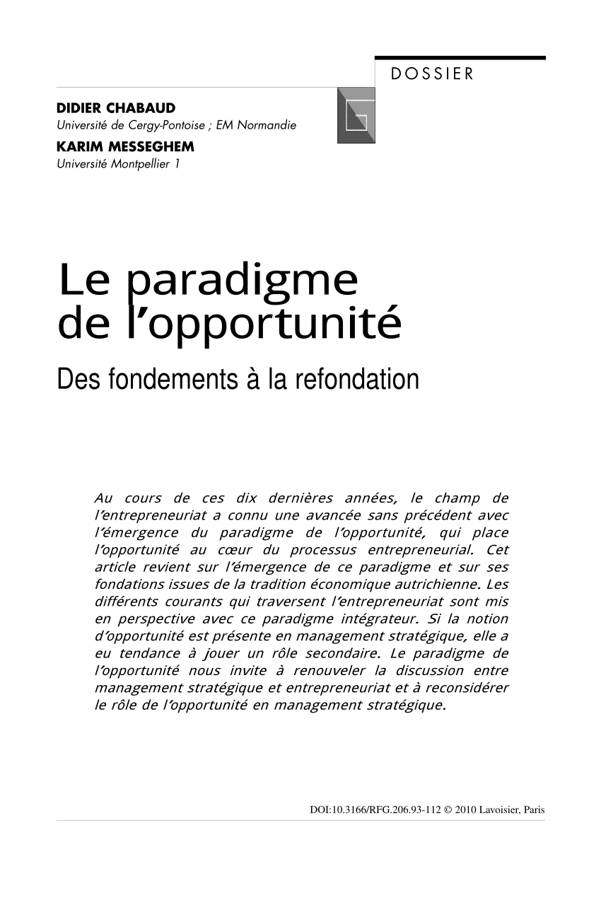 Pdf Le Paradigme De L Opportunite Des Fondements A La Refondation