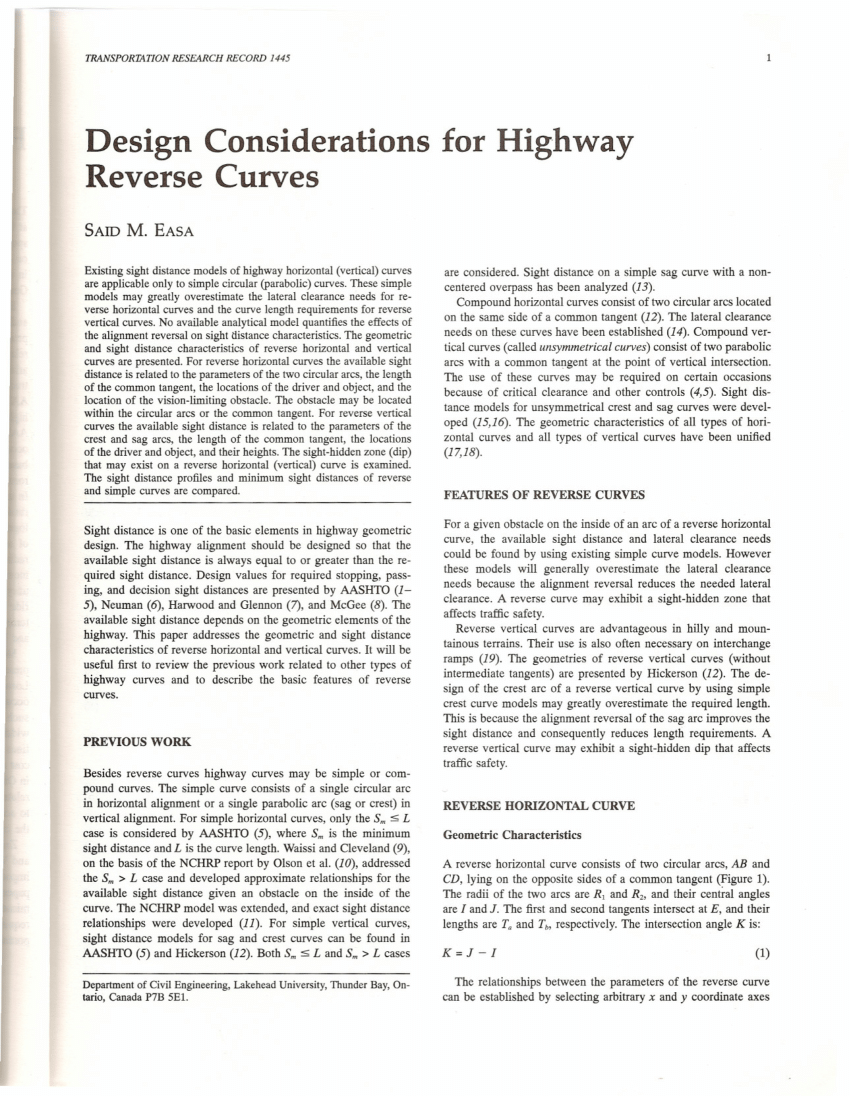 Pdf Design Considerations For Highway Reverse Curves - pdf design considerations for highway reverse curves