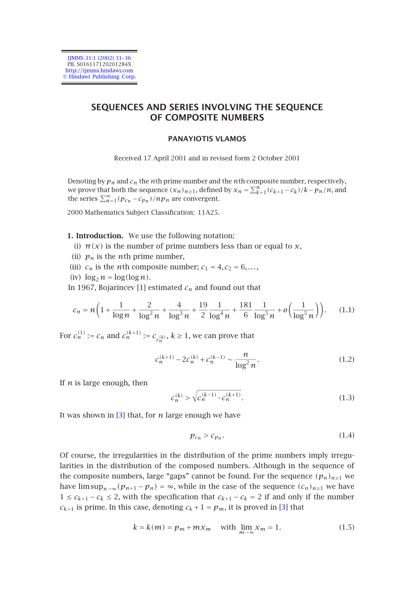 Pdf Sequences And Series Involving The Sequence Of Composite Numbers