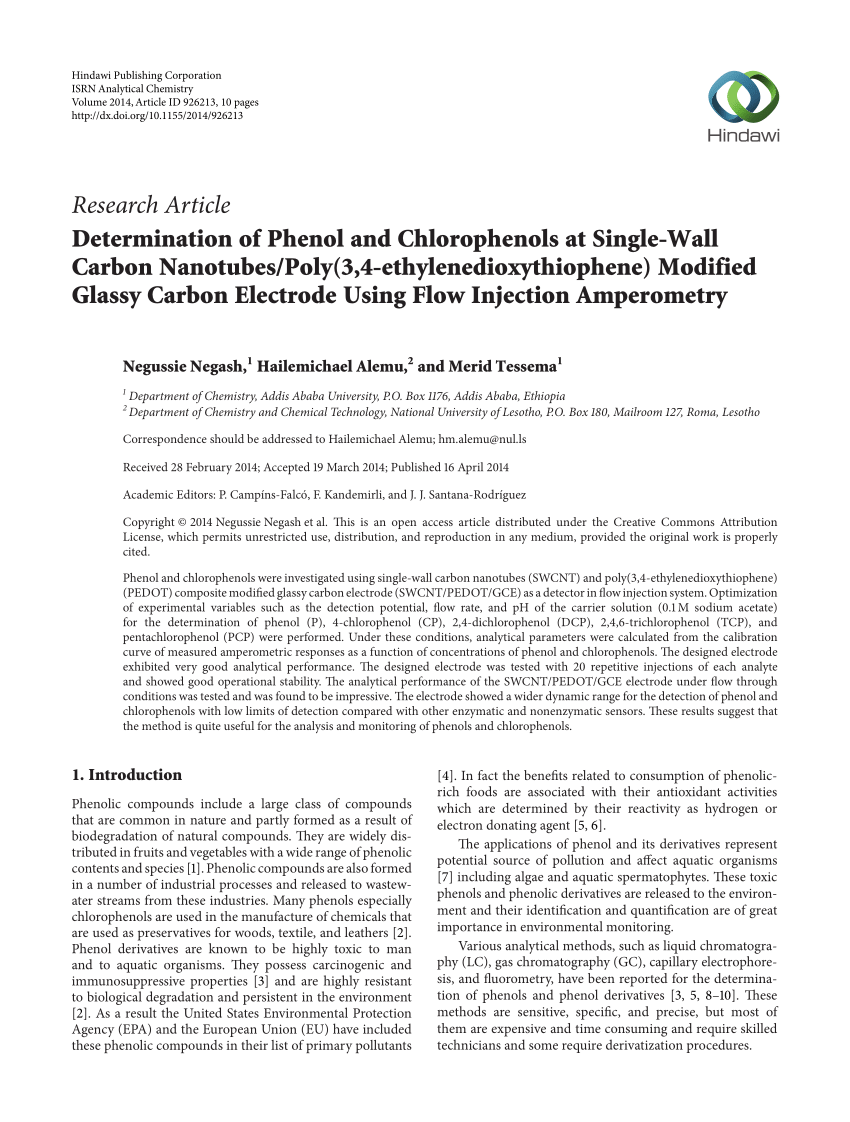 Pdf Determination Of Phenol And Chlorophenols At Single Wall Carbon Nanotubes Poly 3 4 Ethylenedioxythiophene Modified Glassy Carbon Electrode Using Flow Injection Amperometry