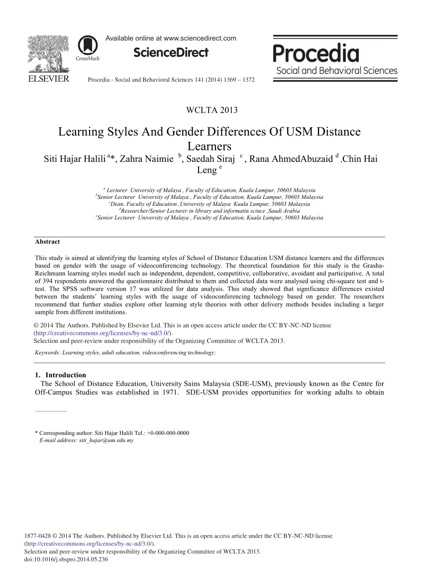 PDF) Learning Styles and Gender Differences of USM Distance Learners