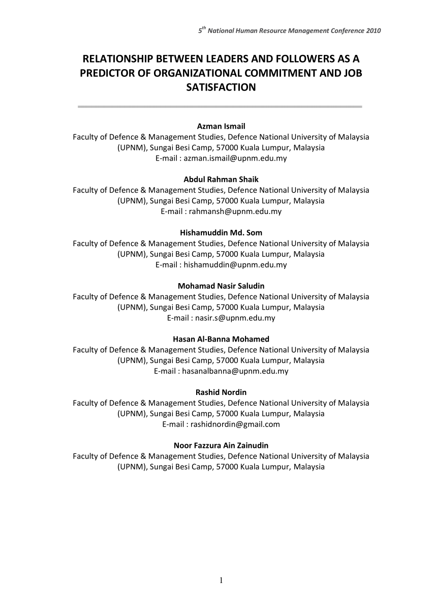 Pdf 5 Th National Human Resource Management Conference 2010 Relationship Between Leaders And Followers As A Predictor Of Organizational Commitment And Job Satisfaction