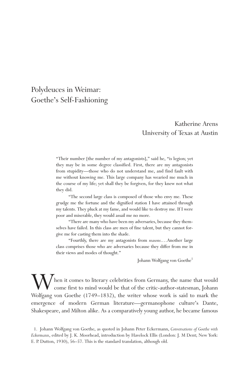 Pdf Polydeuces In Weimar Goethe S Self Fashioning In