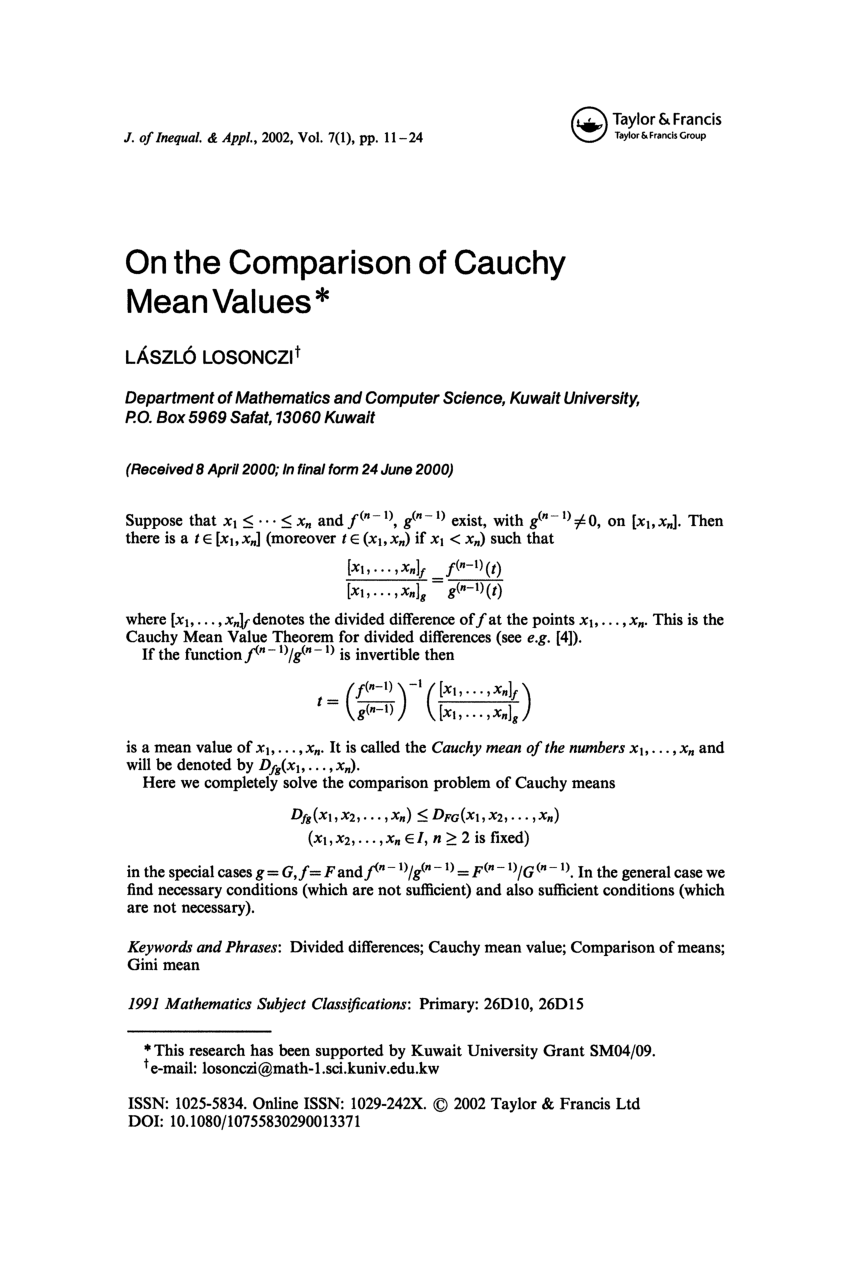 Pdf On The Comparison Of Cauchy Mean Values