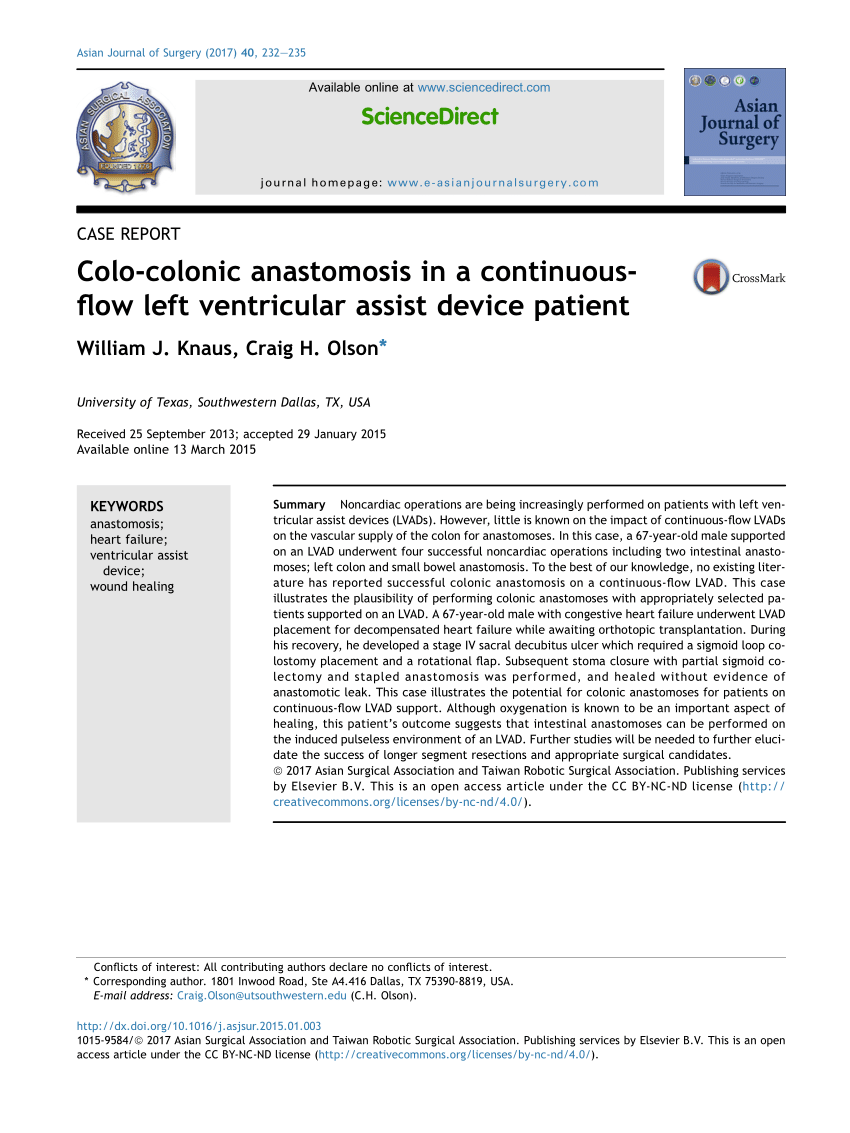 Pdf Colo Colonic Anastomosis In A Continuous Flow Left Ventricular Assist Device Patient 1423