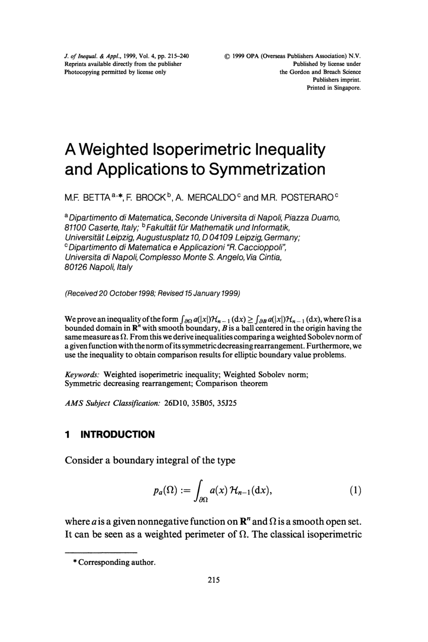 Pdf A Weighted Isoperimetric Inequality And Applications To Symmetrization