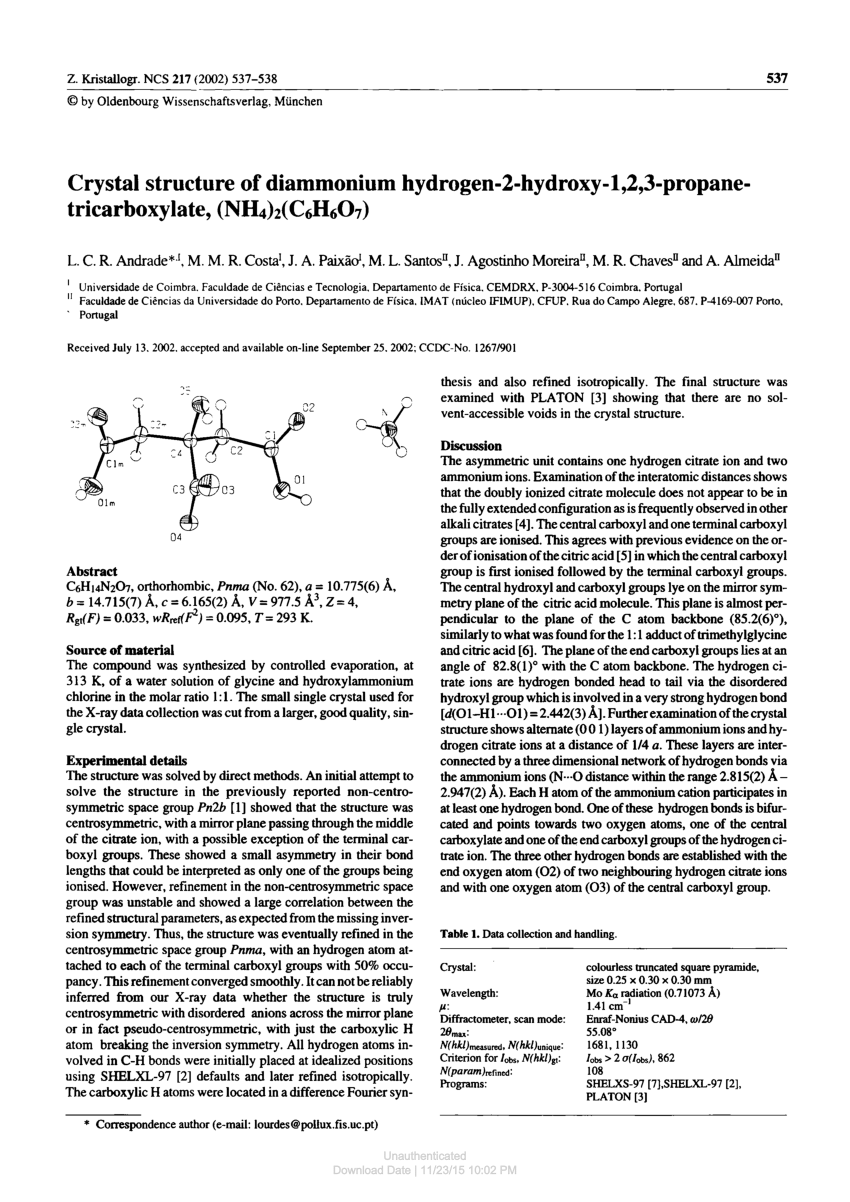Pdf Crystal Structure Of Diammonium Hydrogen 2 Hydroxy 1 2 3 Propanetricarboxylate Nh4 2 C6h6o7