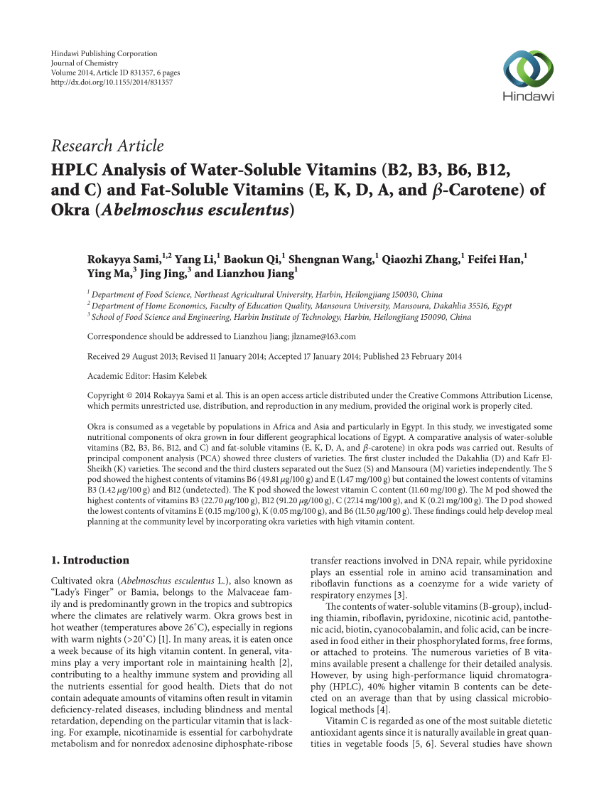 Pdf Hplc Analysis Of Water Soluble Vitamins B2 B6 B12 And C And Fat Soluble Vitamins E K D A And B Carotene Of Okra Abelmoschus Esculentus