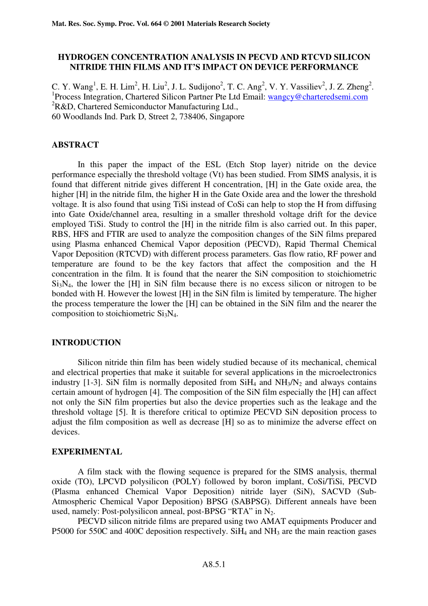 Pdf Hydrogen Concentration Analysis In Pecvd And Rtcvd Silicon Nitride Thin Films And It S Impact On Device Performance