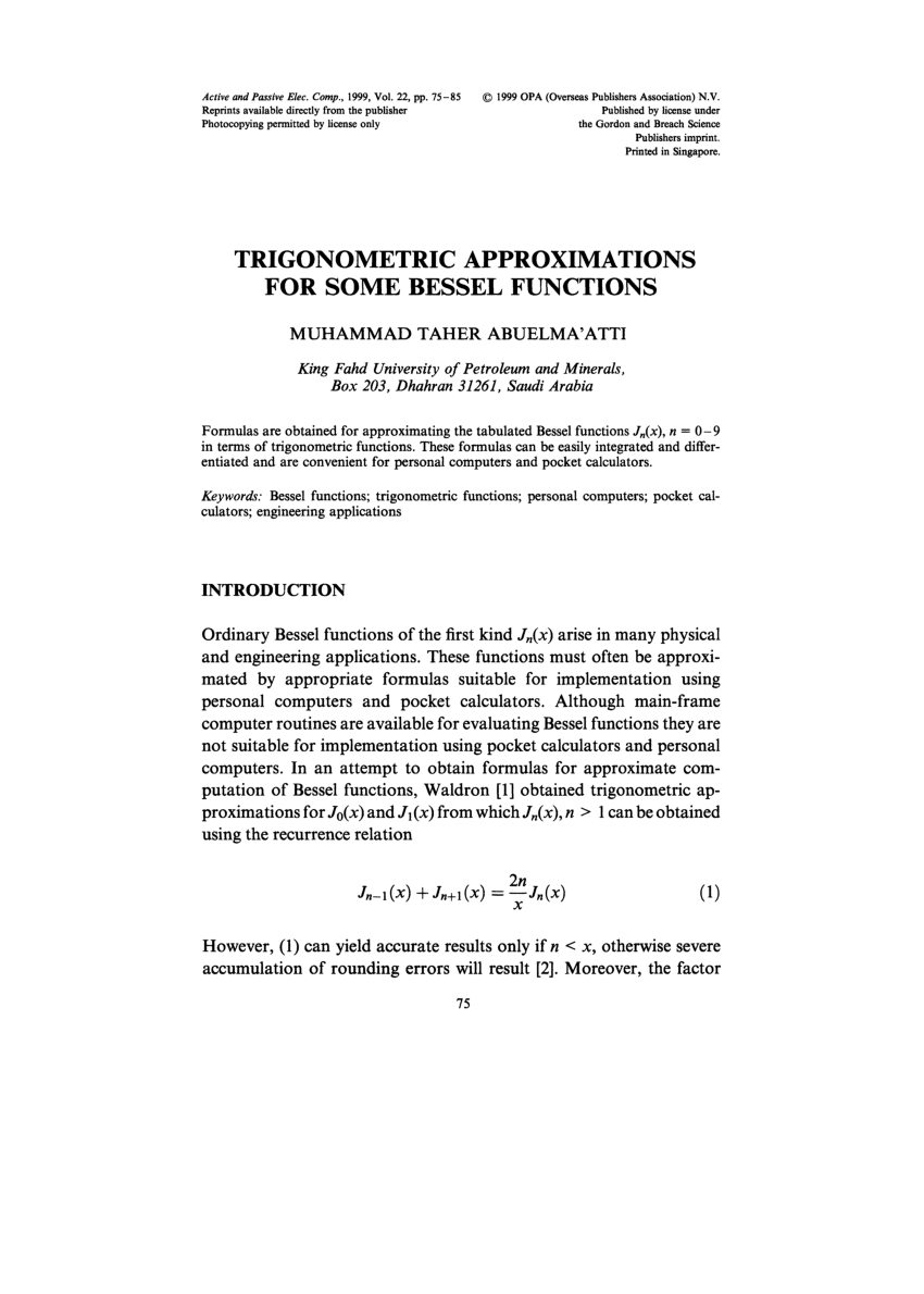 Pdf Trigonometric Approximations For Some Bessel Functions