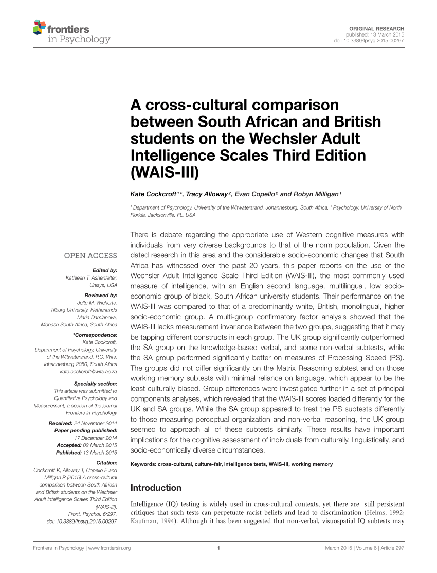 Pdf A Cross Cultural Comparison Between South African And British Students On The Wechsler Adult Intelligence Scales Third Edition Wais Iii