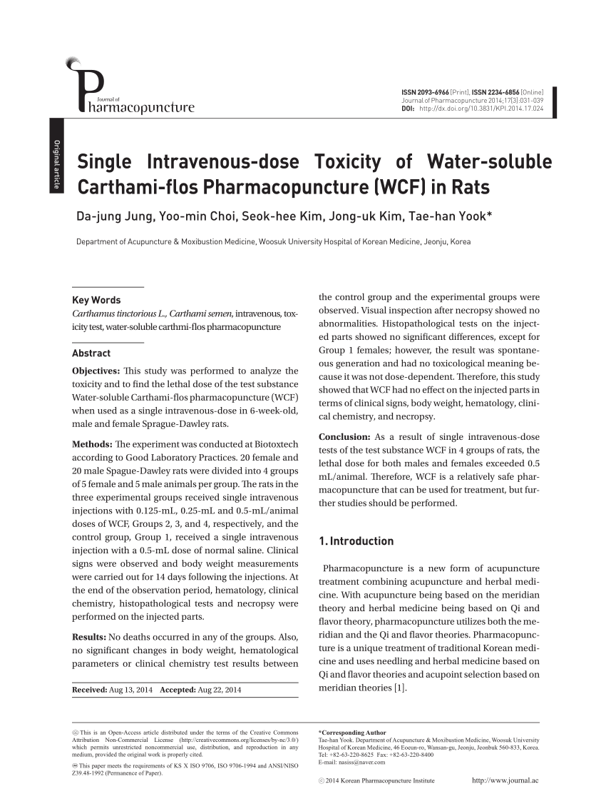 Pdf Single Intravenous Dose Toxicity Of Water Soluble Carthami Flos Pharmacopuncture Wcf In Rats