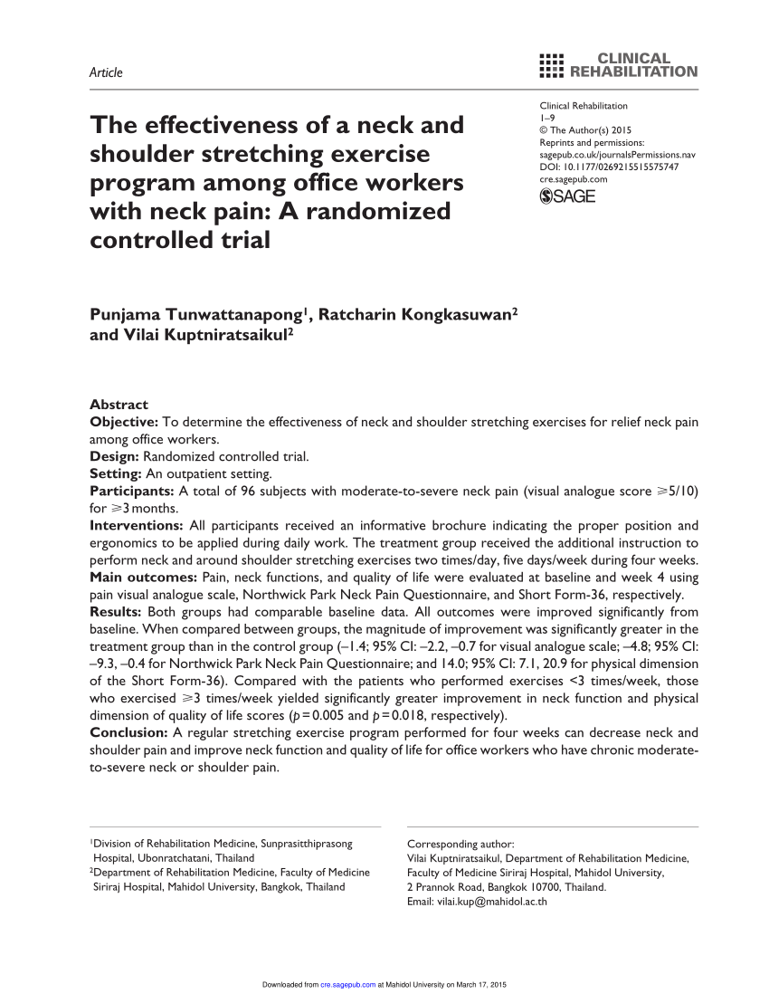 Pdf The Effectiveness Of A Neck And Shoulder Stretching Exercise Program Among Office Workers With Neck Pain A Randomized Controlled Trial