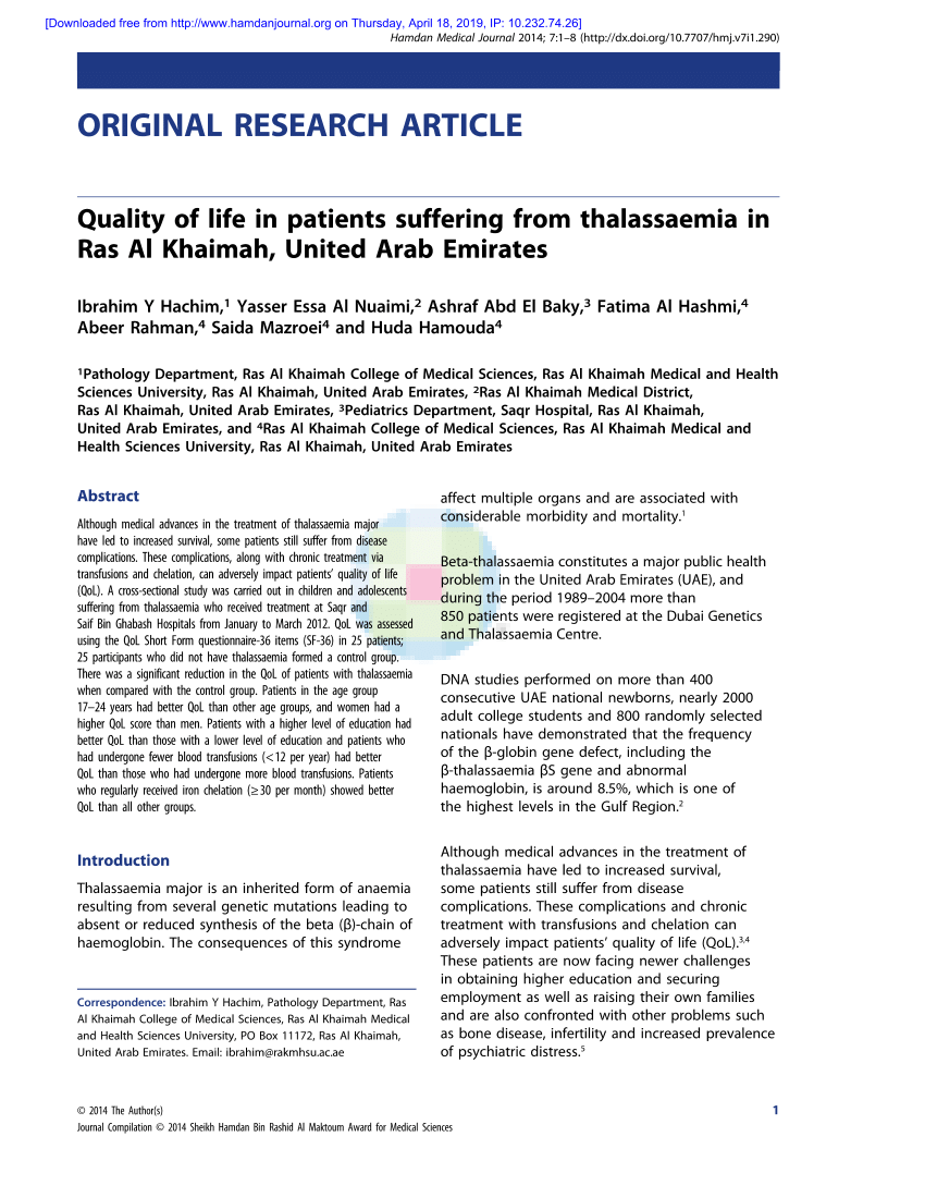 PDF) Quality of life in patients suffering from thalassaemia in Ras Al Khaimah, United Arab Emirates photo