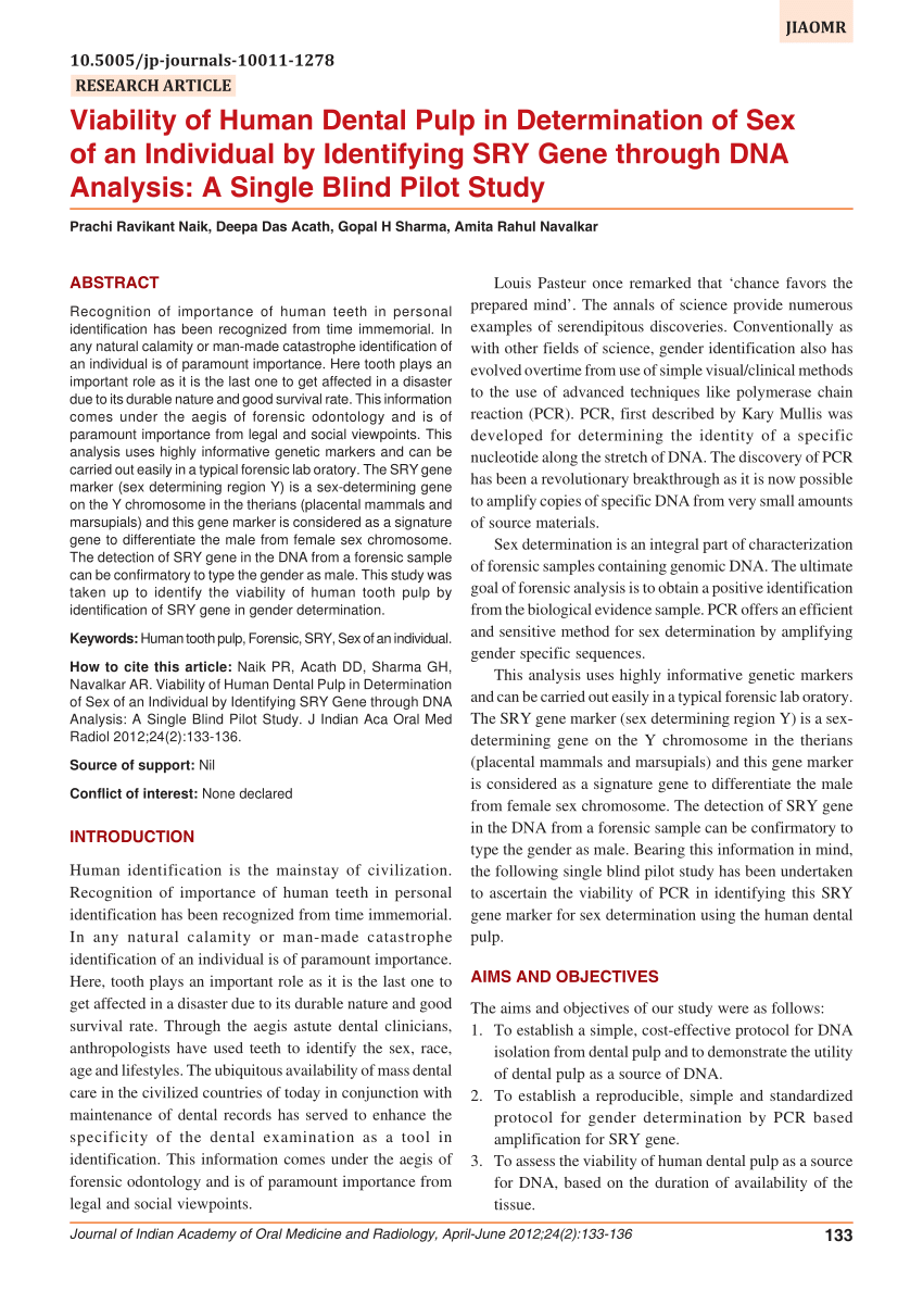 Pdf Viability Of Human Dental Pulp In Determination Of Sex Of An Individual By Identifying Sry 7757