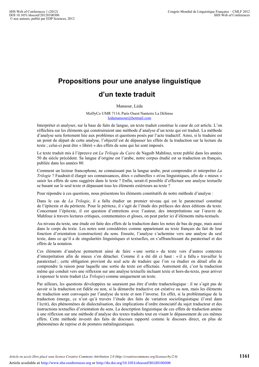 (PDF) Propositions pour une analyse linguistique d'un texte traduit