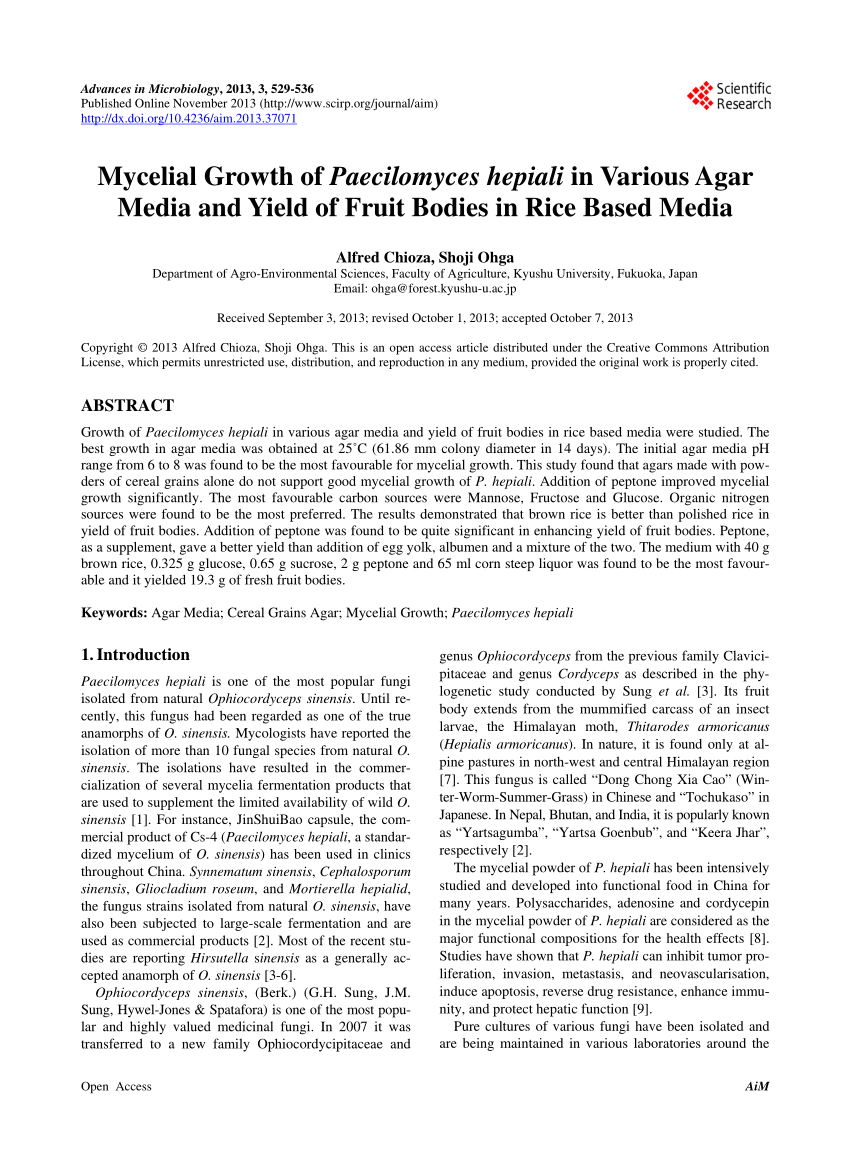 PDF) Mycelial Growth of Paecilomyces hepiali in Various Agar Media